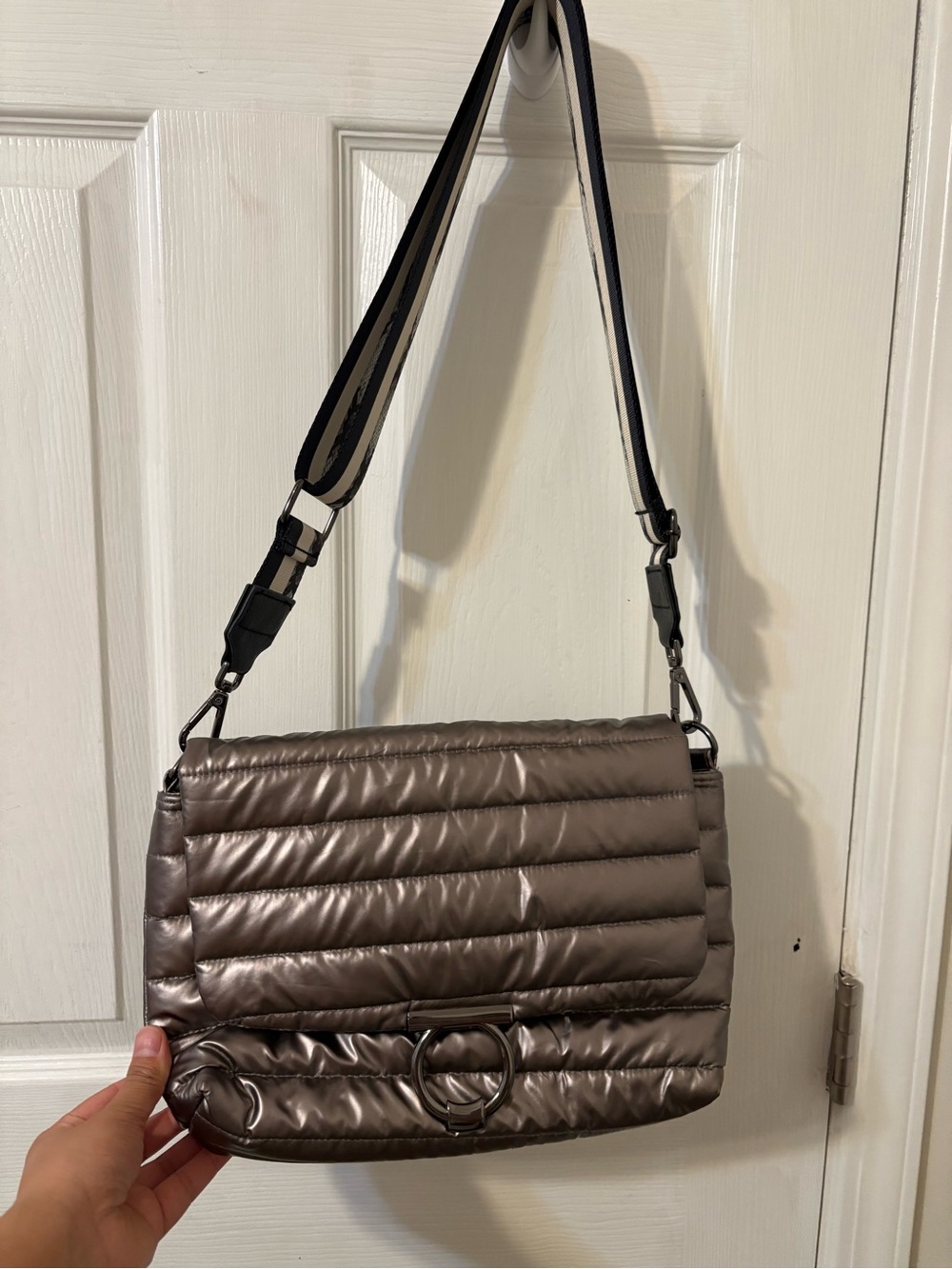 Think Royln Quilted Metallic Shoulder Bag in Taupe